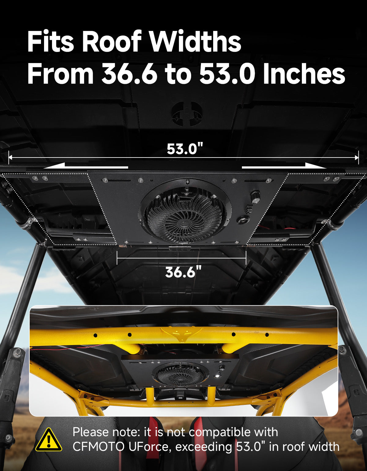 Kemimoto UTV Overhead Cooling Fan with Lights 53‑37 Inch Roof Width