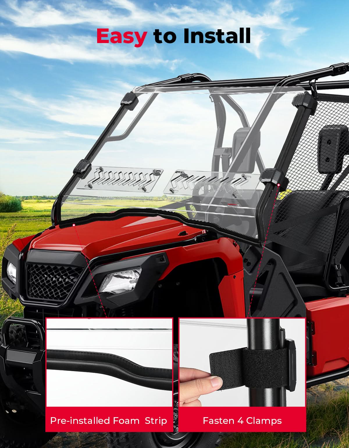 Kemimoto 2-IN-1 Front Windshield Sliding Window for Honda Pioneer 500/520