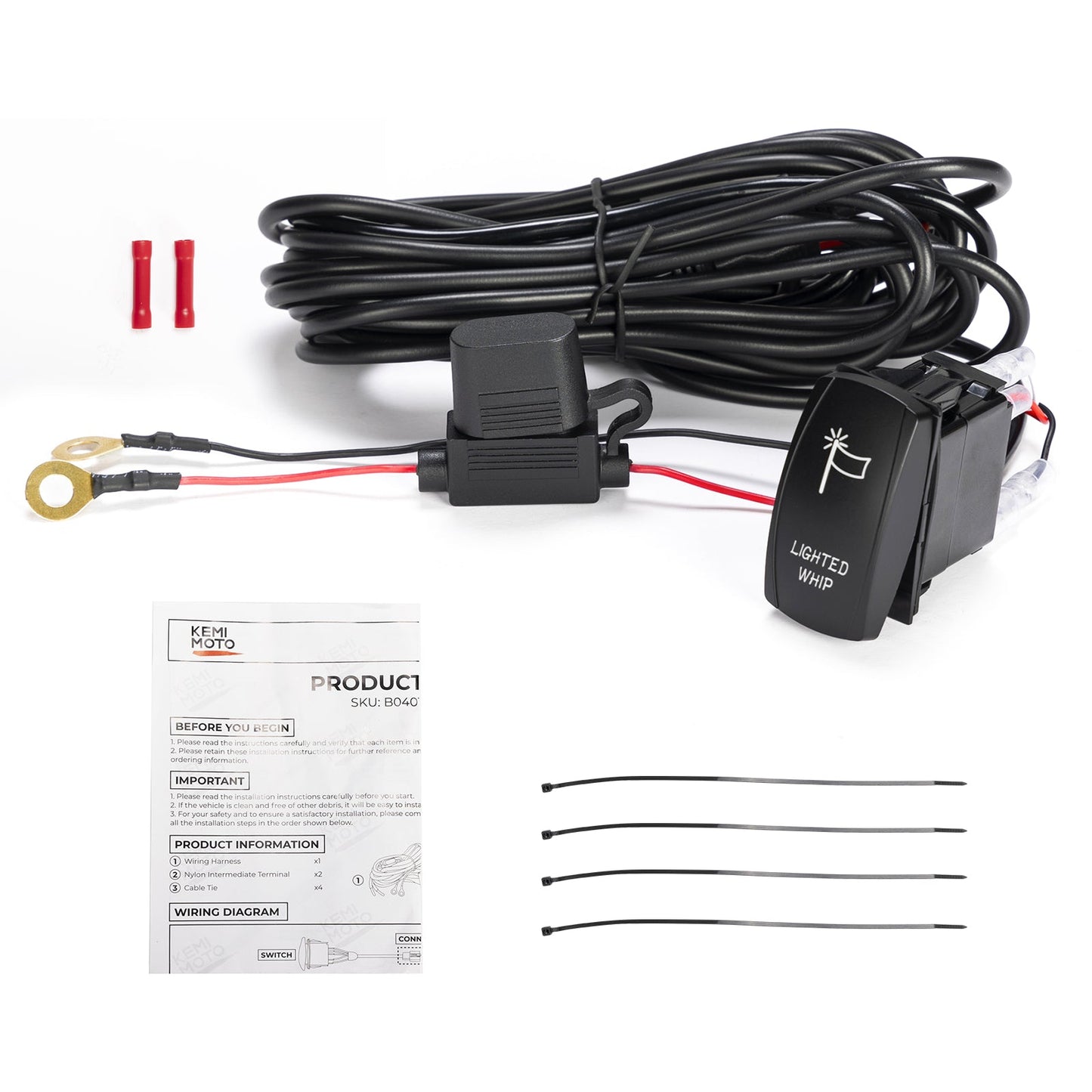 Kemimoto Whip Lights Rocker Switch Wiring Harness for 12V UTV