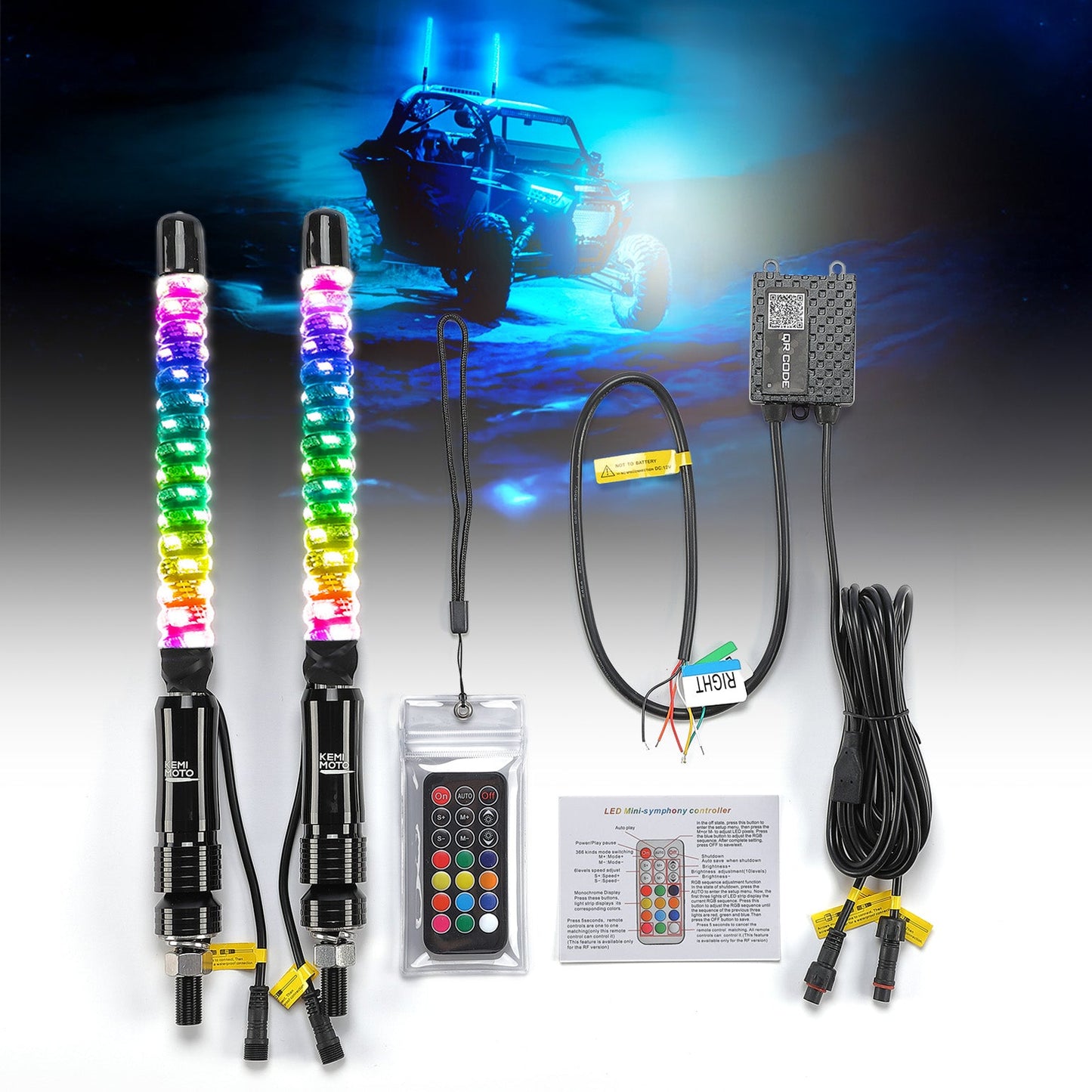 Kemimoto Spiral Whip Light Bluetooth Control UTV