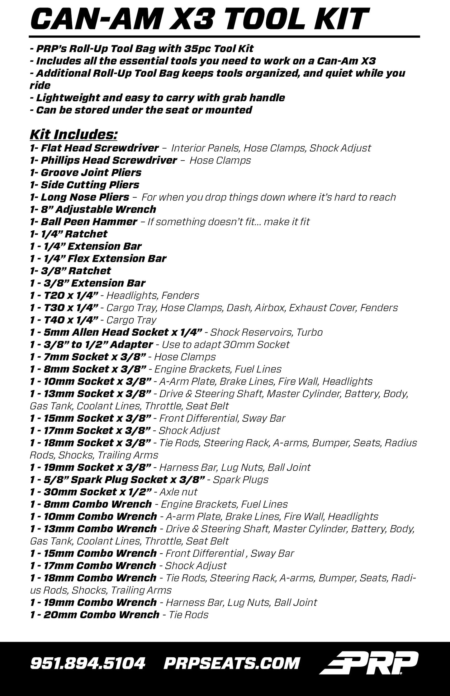 PRP Can-Am Roll-Up Tool Bag with 35pc Tool Kit