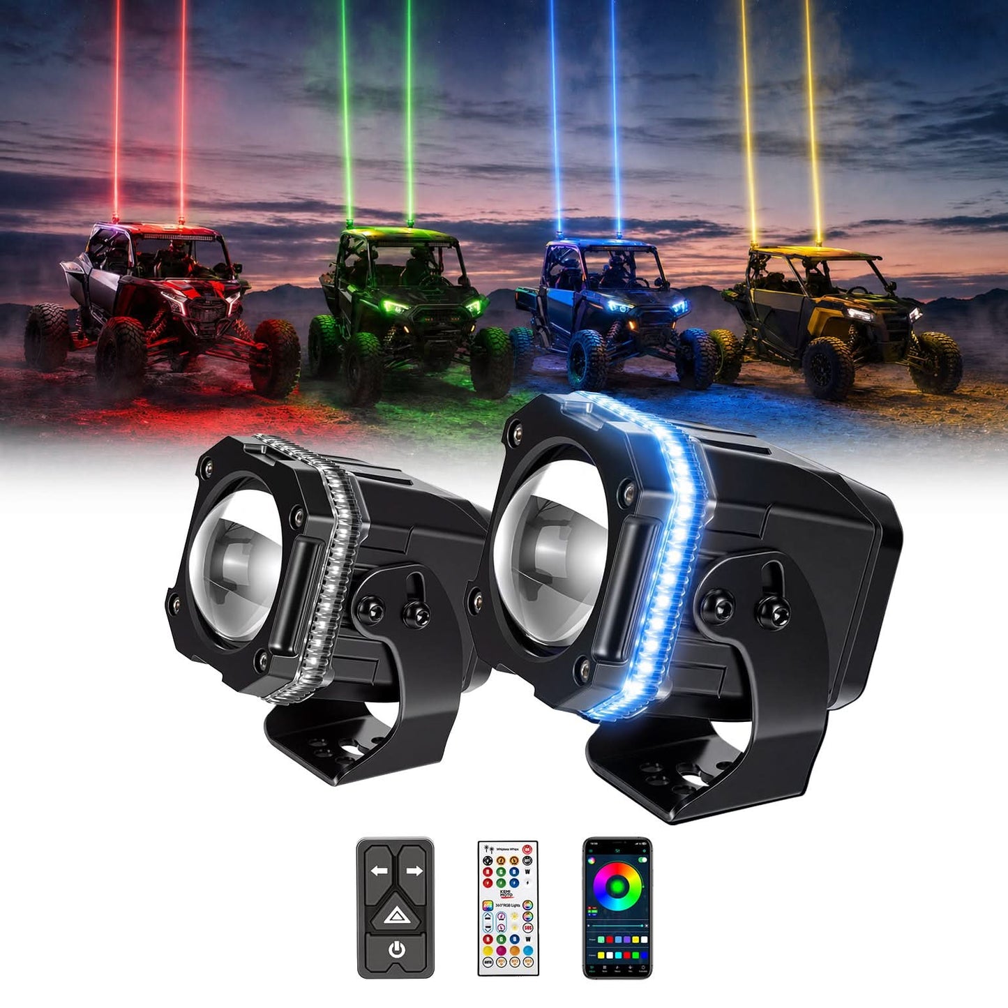 Kemimoto UTV/ATV Universal RGB Whipless LED Whip Lights with Turn Signal