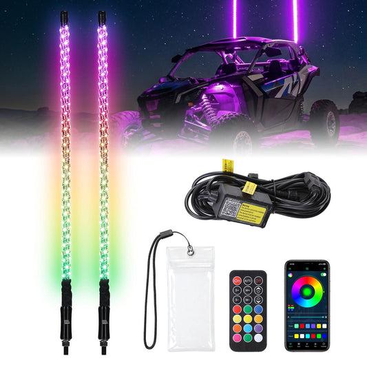 Kemimoto 3FT RGB Spiral LED Whip Lights 2PCS