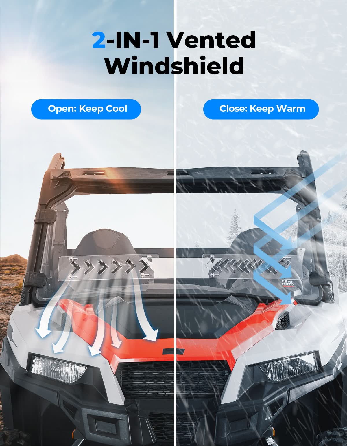 Kemimoto 2-IN-1 Front Vented Windshield Compatible with Polaris General 1000, XP 1000, 4 1000