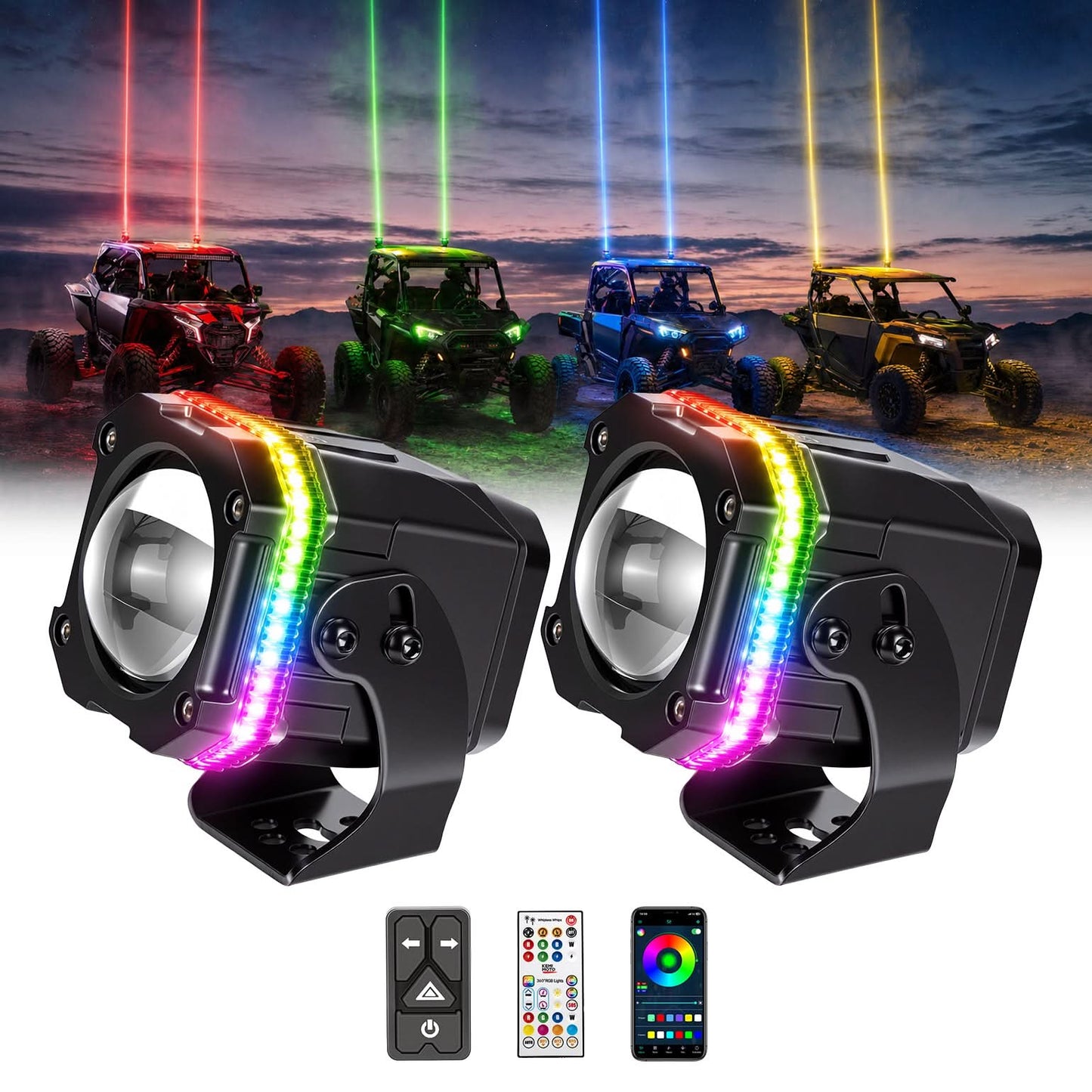 Kemimoto UTV/ATV Universal RGB Whipless LED Whip Lights with Turn Signal