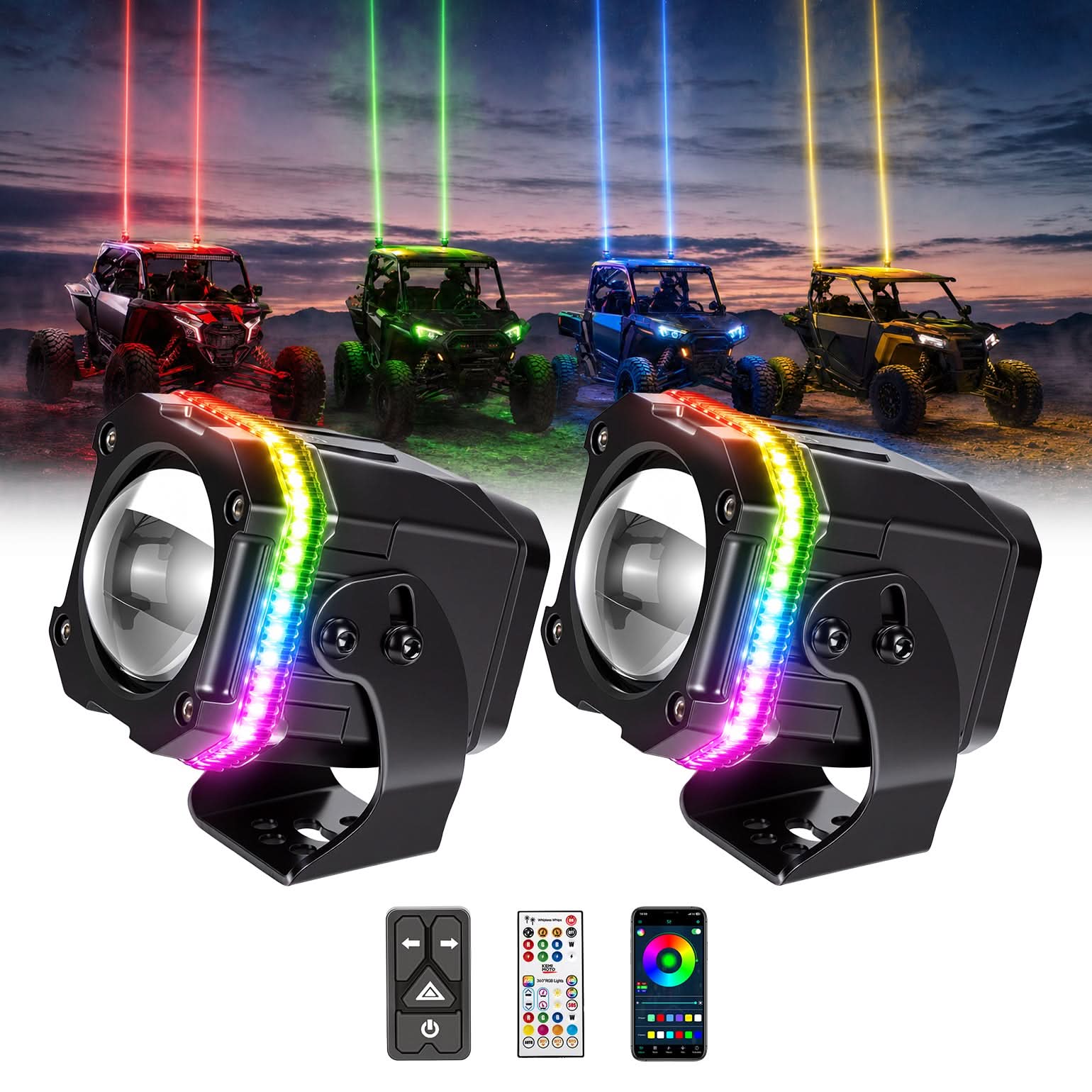 Kemimoto UTV/ATV Universal RGB Whipless LED Whip Lights with Turn Signal
