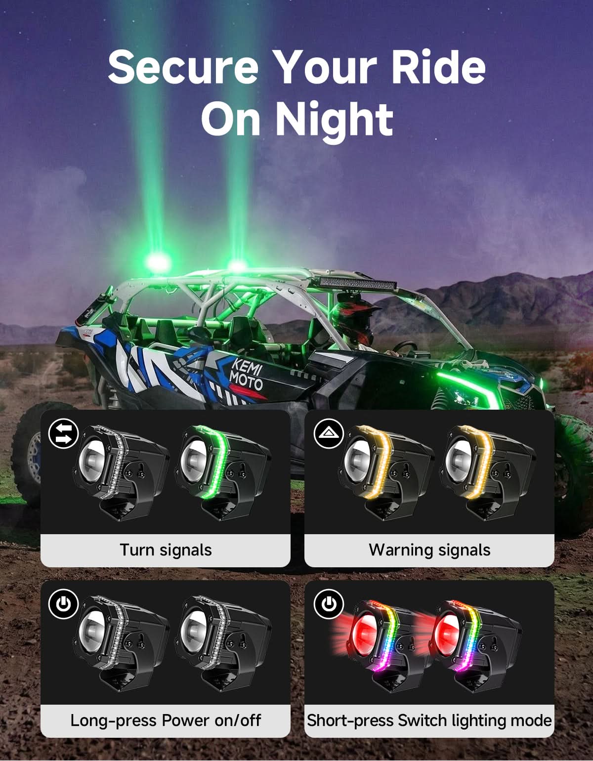 Kemimoto UTV/ATV Universal RGB Whipless LED Whip Lights with Turn Signal