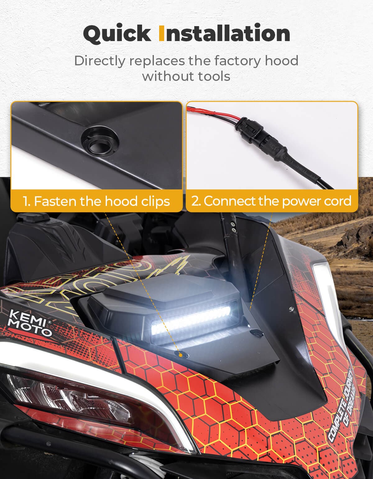 Kemimoto UTV Hood Scoop with Light LED 2500lm Black