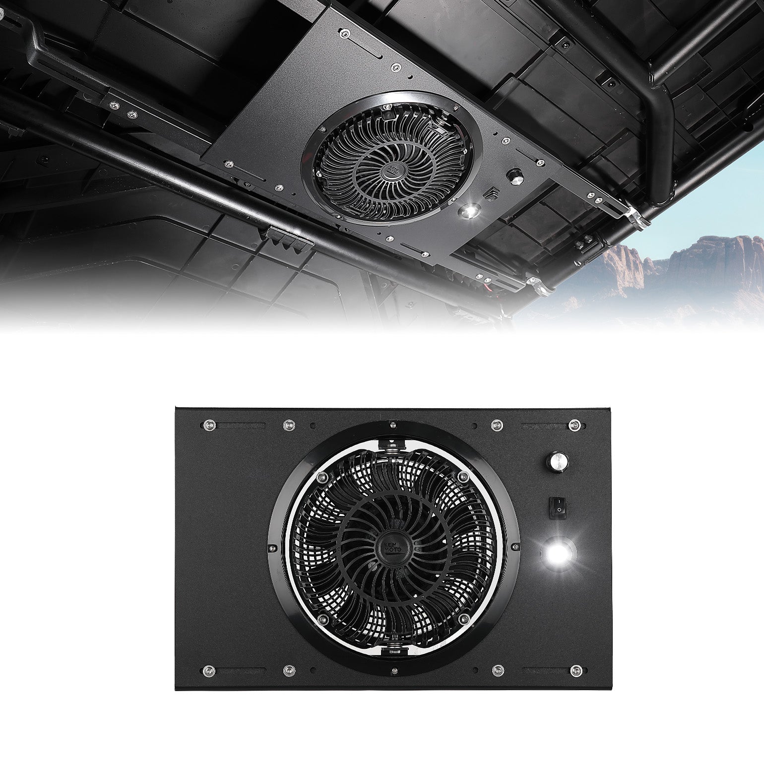 Kemimoto UTV Overhead Cooling Fan with Lights 53‑37 Inch Roof Width