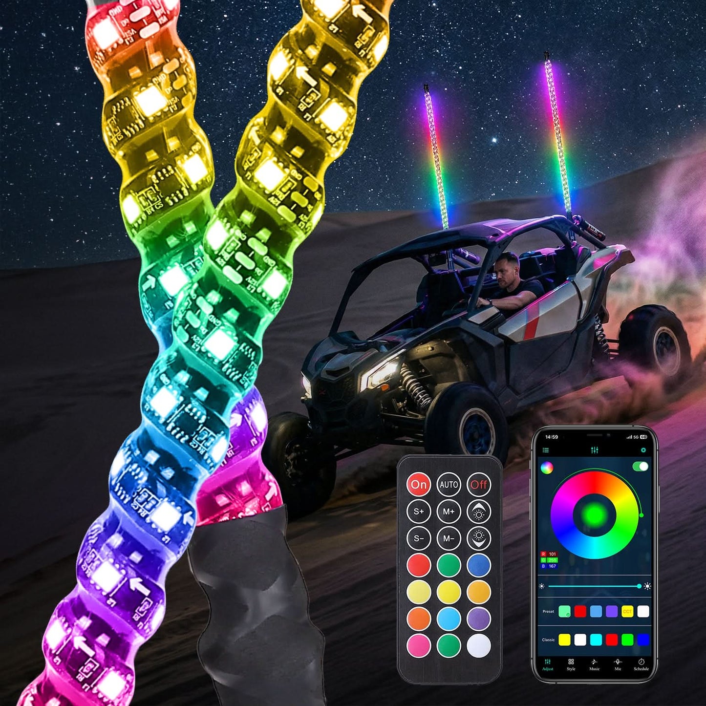 Kemimoto Universal 3FT RGB Spiral LED Whip Lights (2pcs)