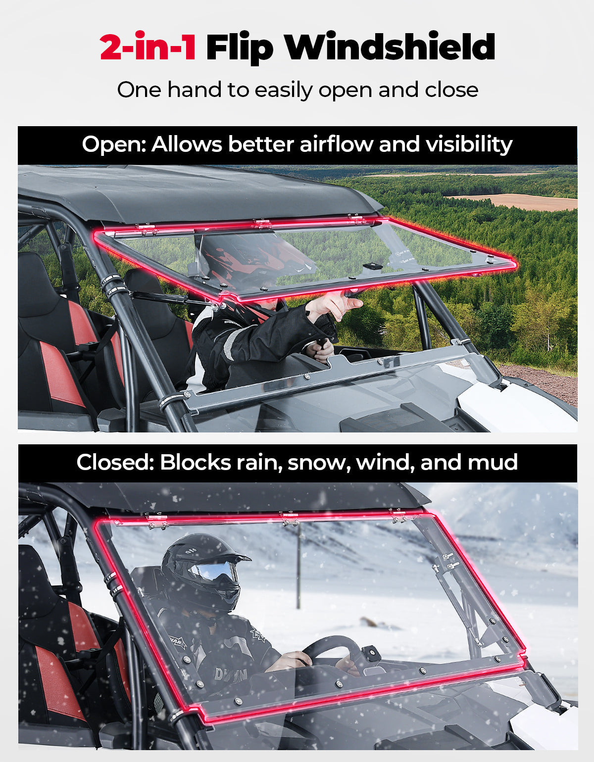 Kemimoto Full Split Windshield, All-Weather Adaptable, Polaris XP 1000/4 1000