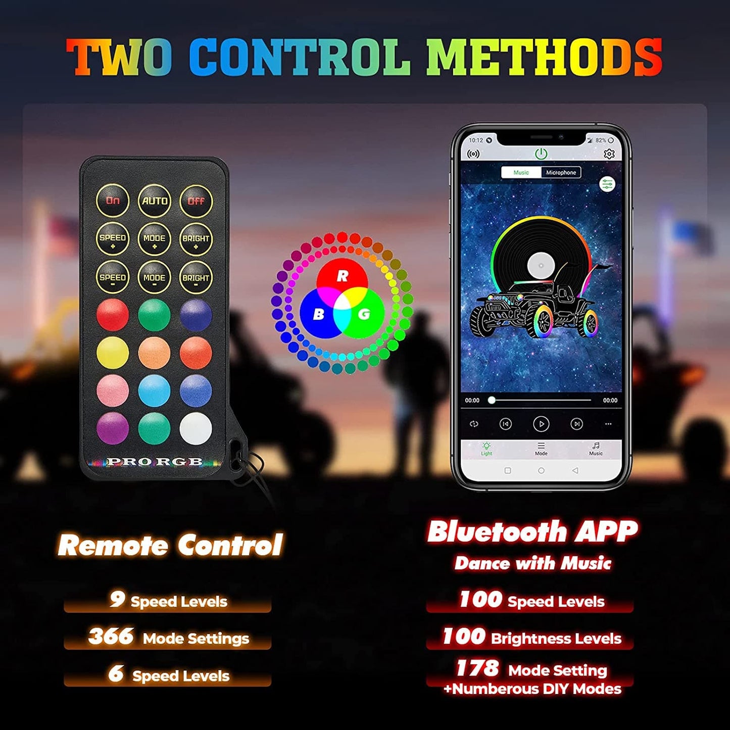 Kemimoto 4‑8 Pod RGB Rock Light Kit Spiral Whip Lights