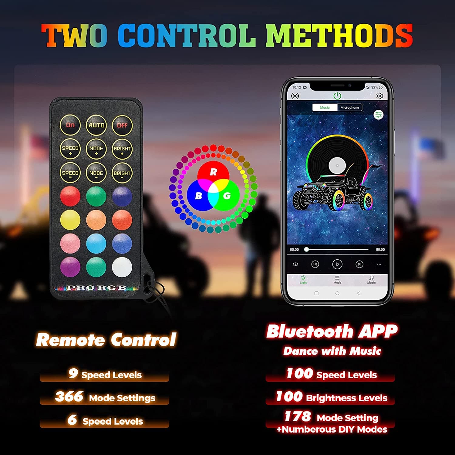Kemimoto 4‑8 Pod RGB Rock Light Kit Spiral Whip Lights