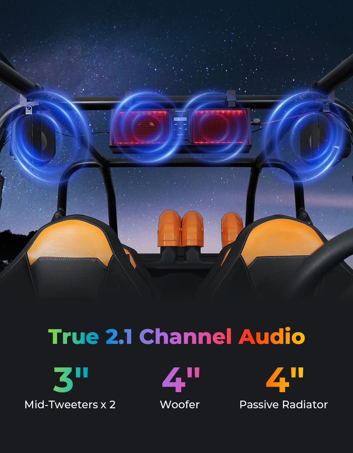 Kemimoto 2.1CH Bluetooth Sound Bar With RGB Lights For UTV/ATV