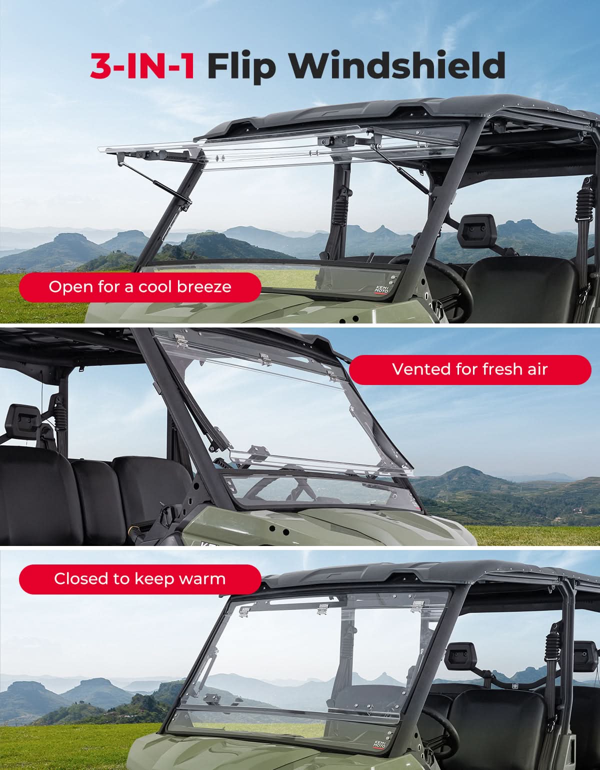 Kemimoto 3-in-1 Flip Windshield for Can-Am Defender HD5-HD10