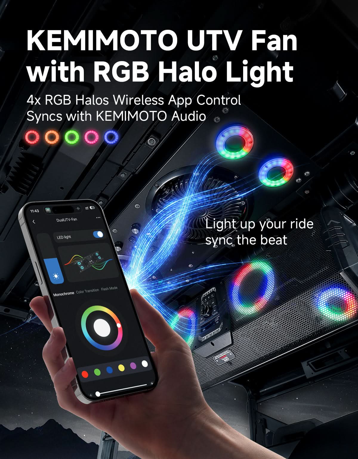 Kemimoto Dual Roof Fan with RGB for UTV 57‑42″ Roof
