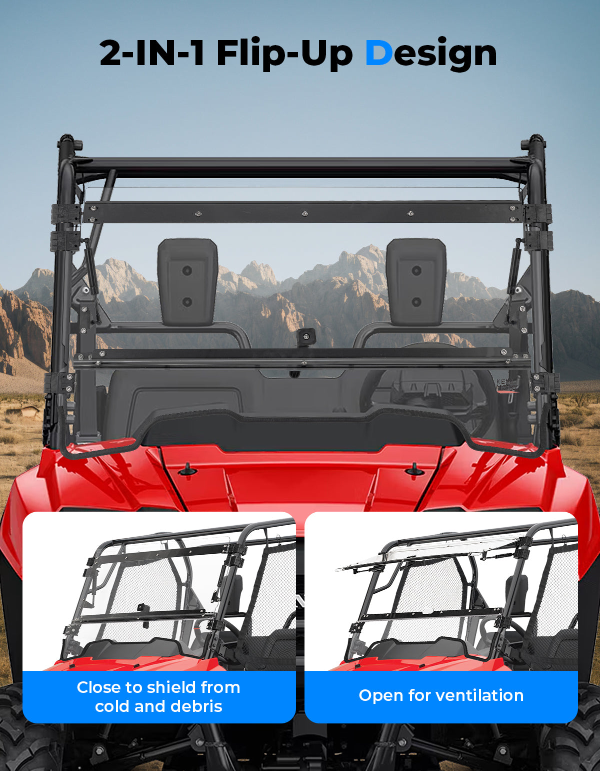 Kemimoto UTV Flip Up Windshield for Pioneer 700/700-4 2014-2026