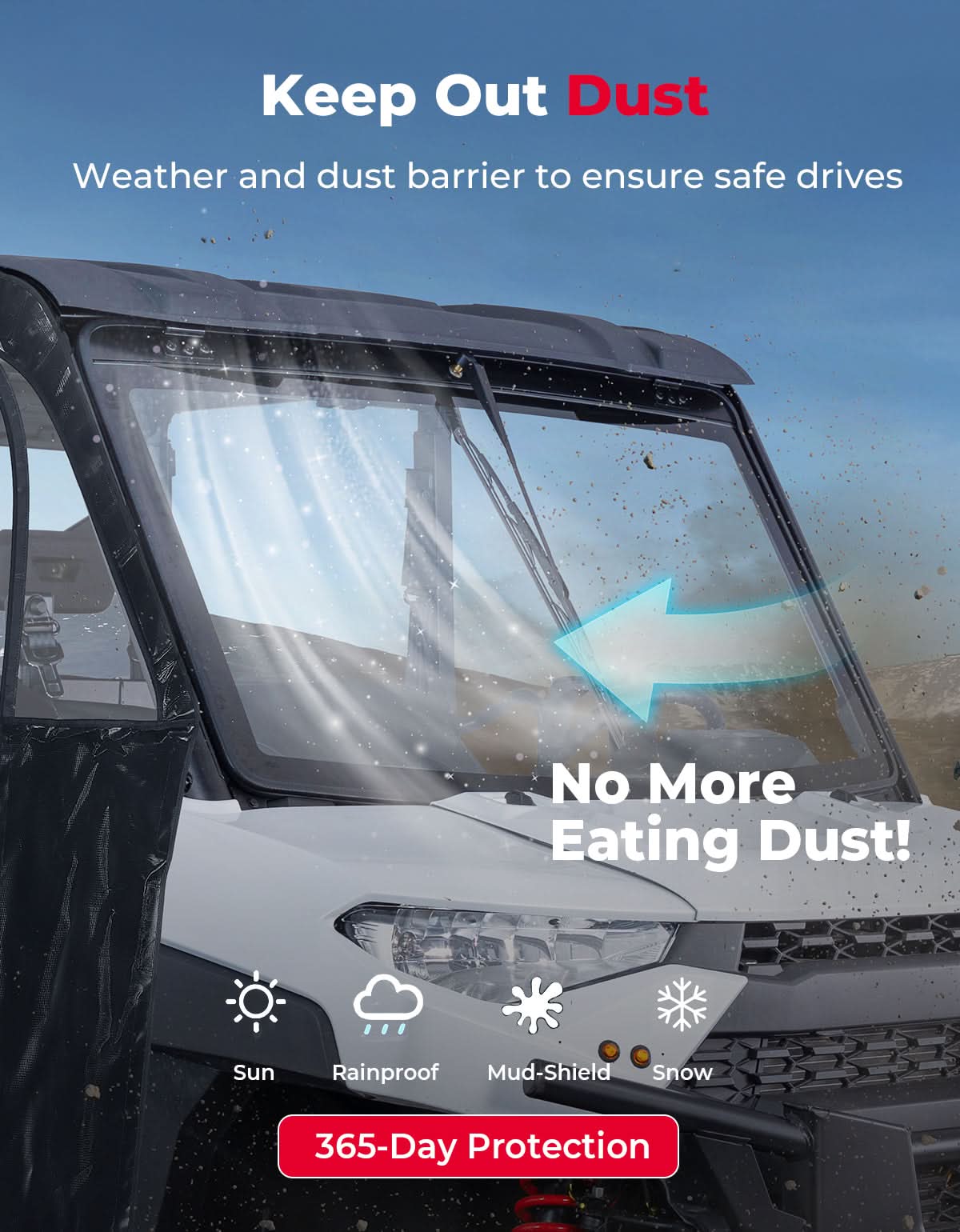Kemimoto Front Windshield With Wiper For Polaris Ranger 1000