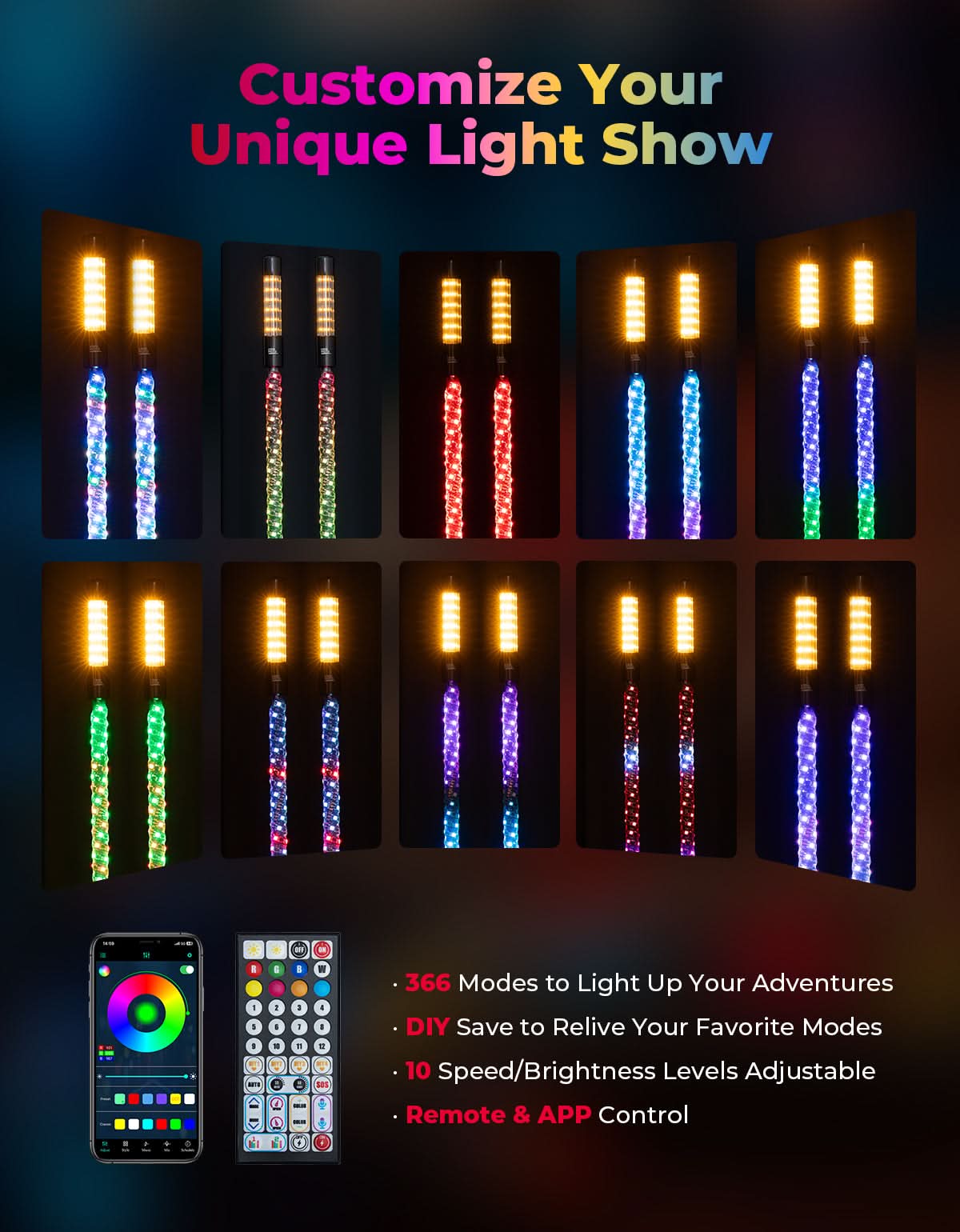 Kemimoto 3FT LED Whip Lights 2PCS Strobe SOS Bluetooth