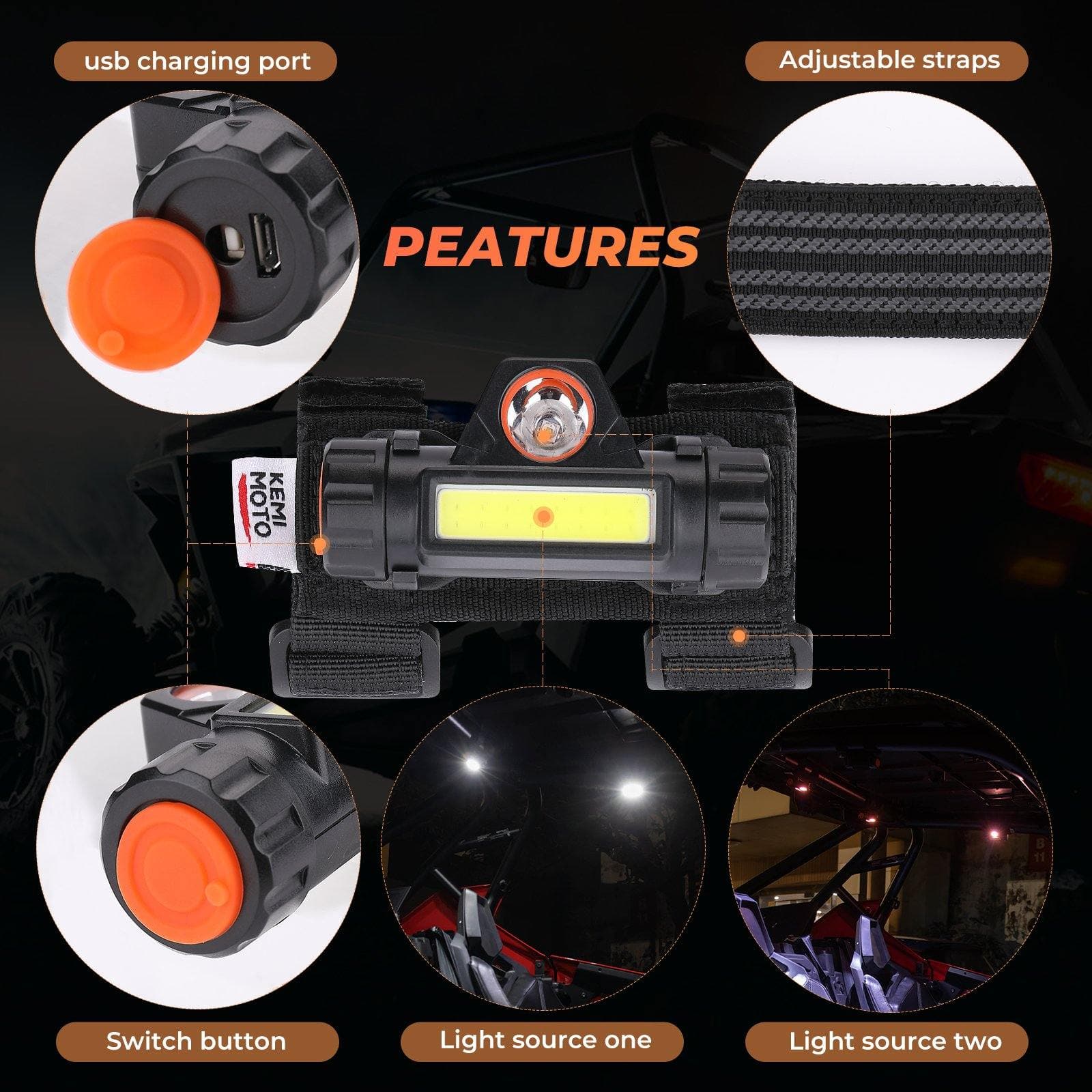 Kemimoto UTV Universal Interior Lights 1.25-2" Roll Bar