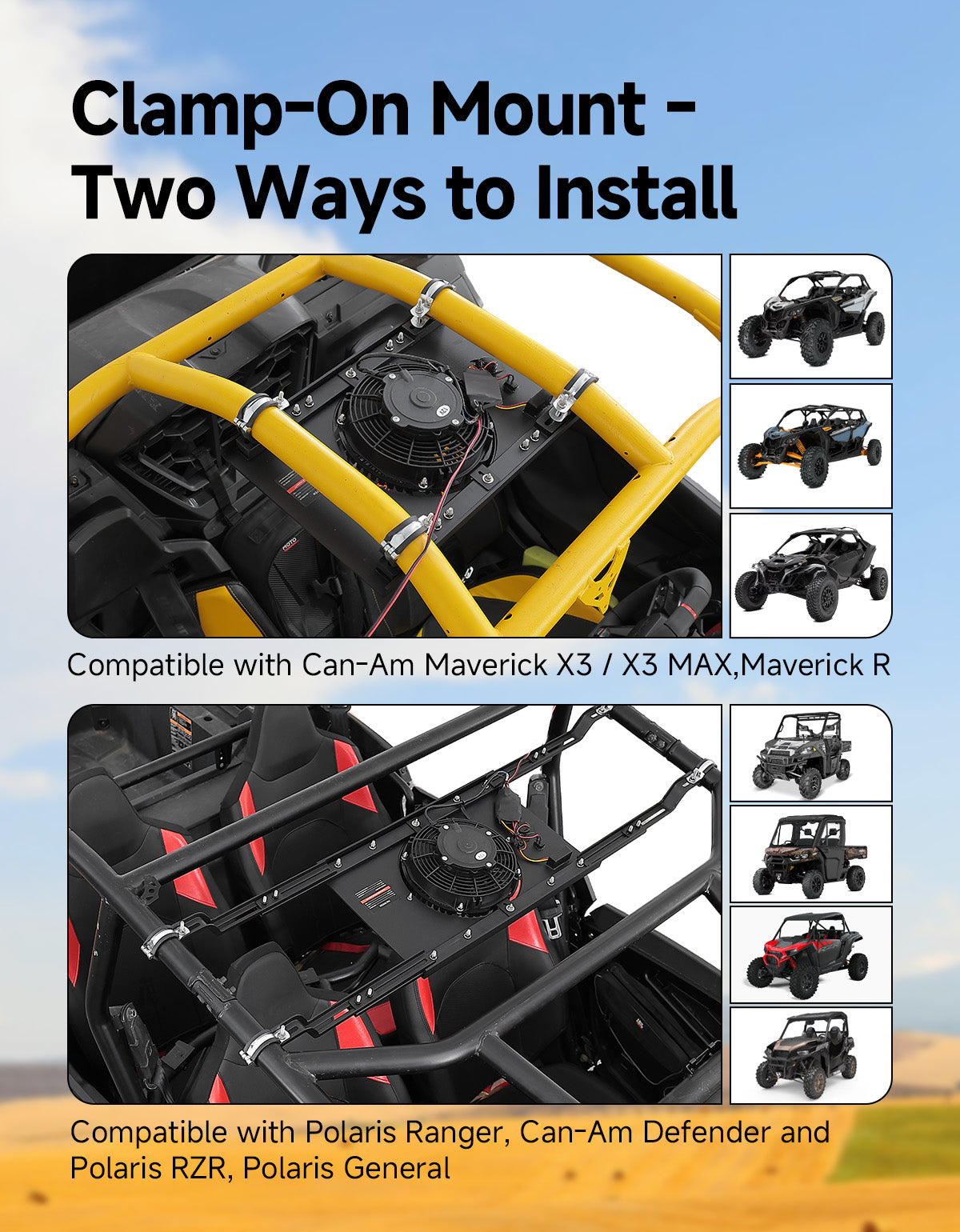 Kemimoto UTV Overhead Cooling Fan with Lights 53‑37 Inch Roof Width