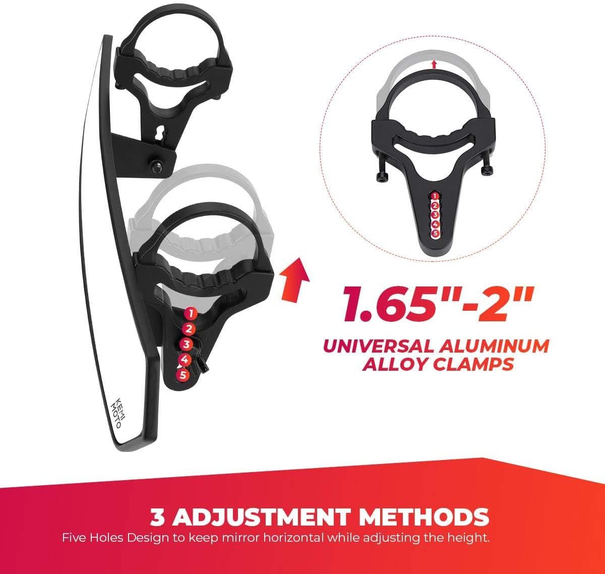 Kemimoto UTV 1.65"-2" Rear View Mirror & 1.6"-2" Side Mirror