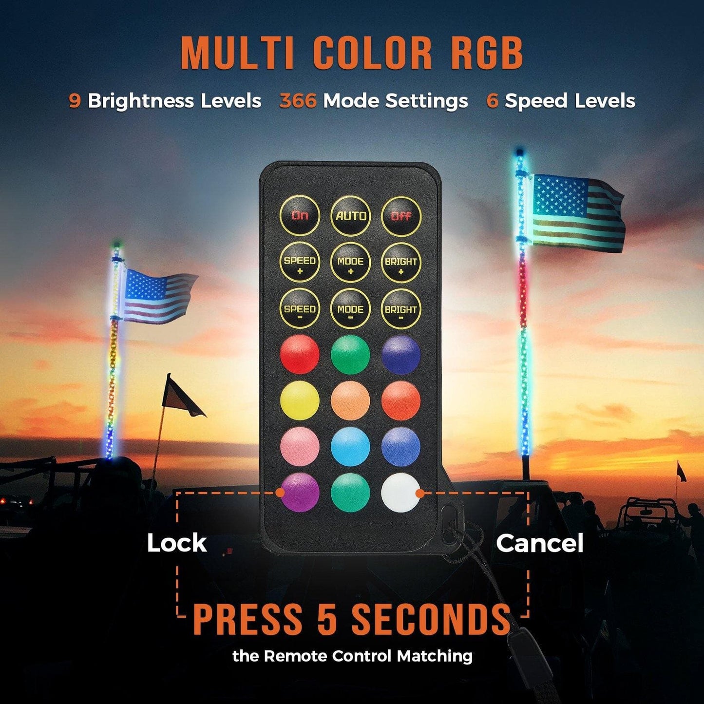 KEMIMOTO Spiral Whip Light RF Remote Control 366 Colors 3FT