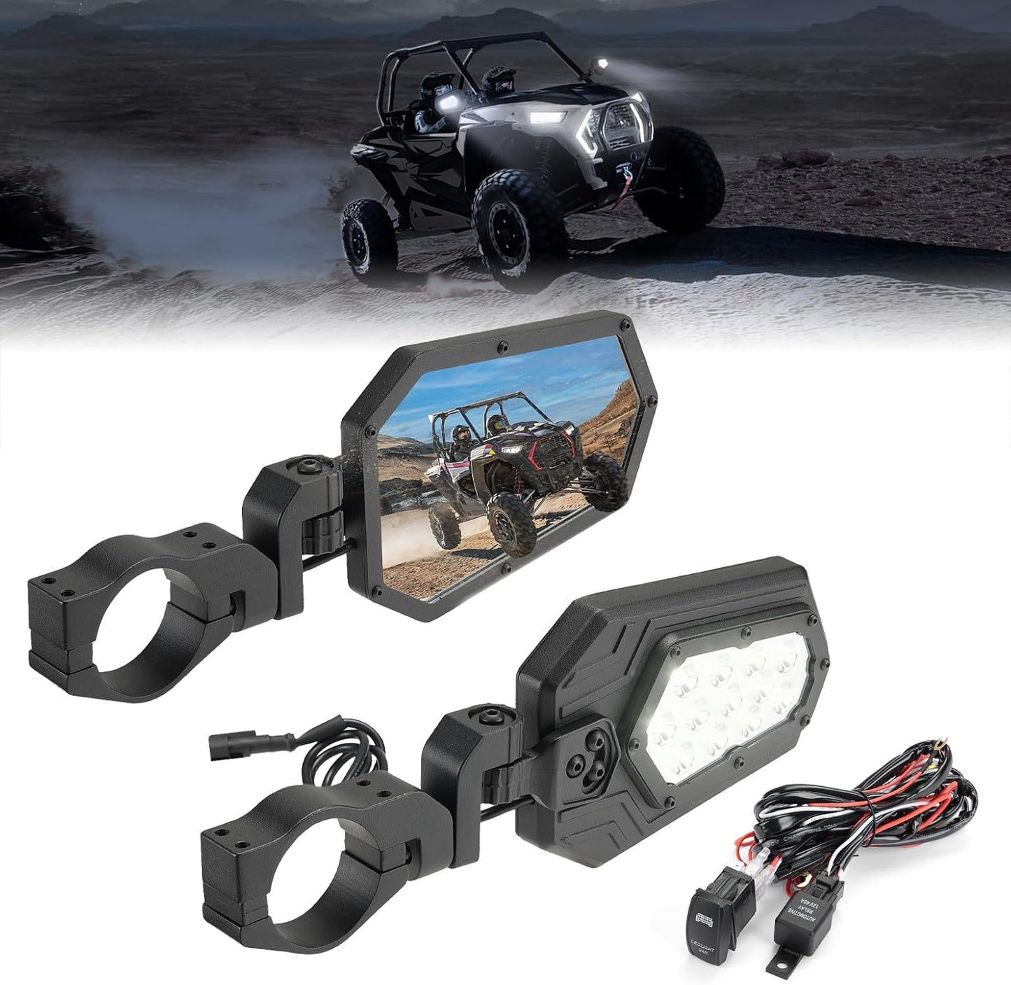 Kemimoto Aluminum Lighted UTV Side Mirrors 12‑LED for Roll Bar