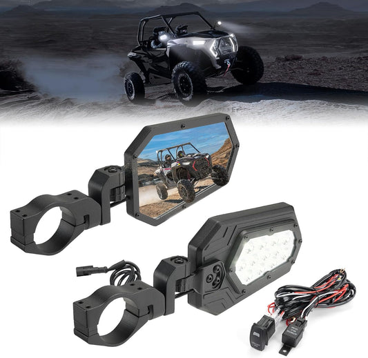 Kemimoto Aluminum Lighted UTV Side Mirrors 12‑LED for Roll Bar