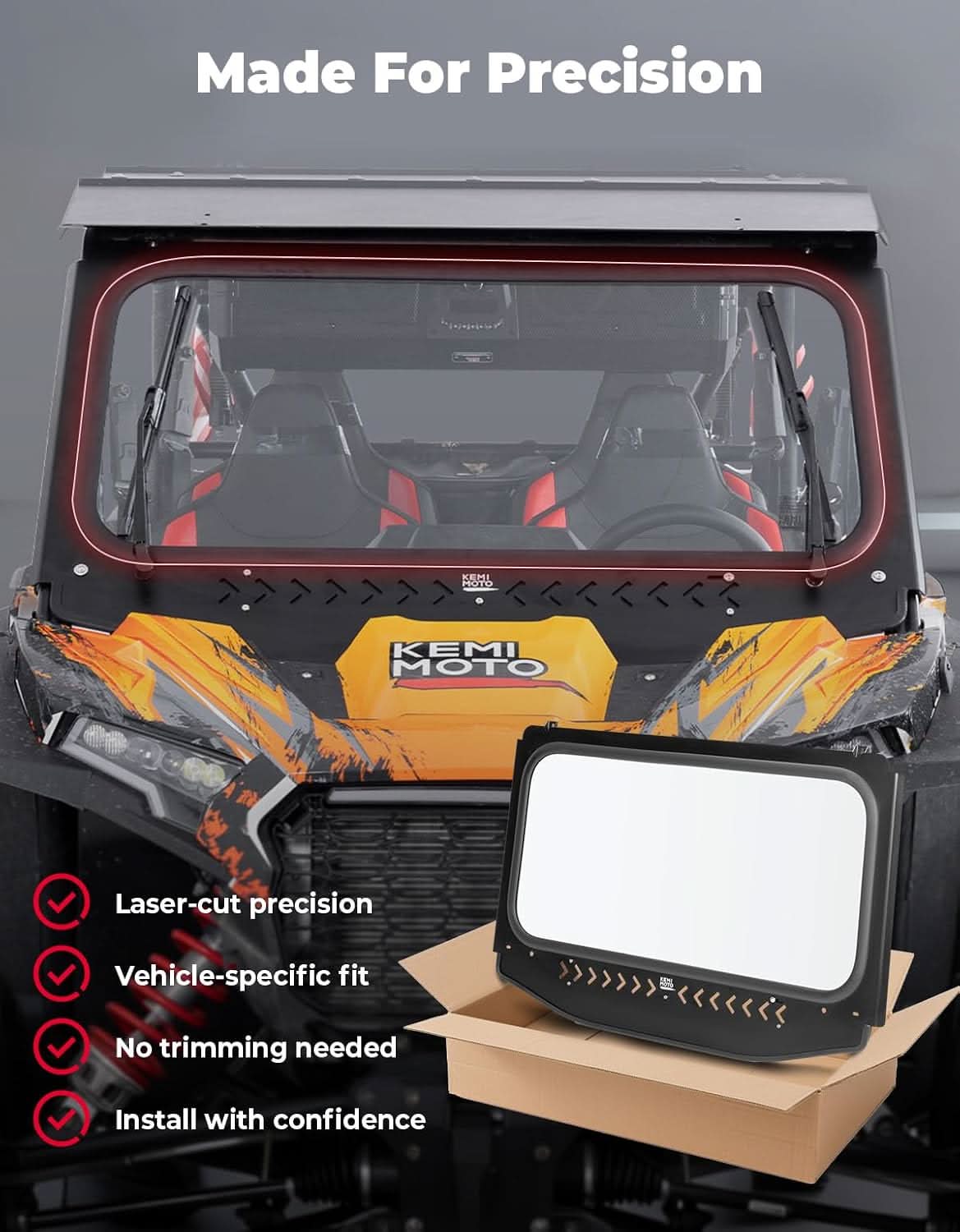 Kemimoto Front Windshield with Dual Manual Wipers for Polaris RZR