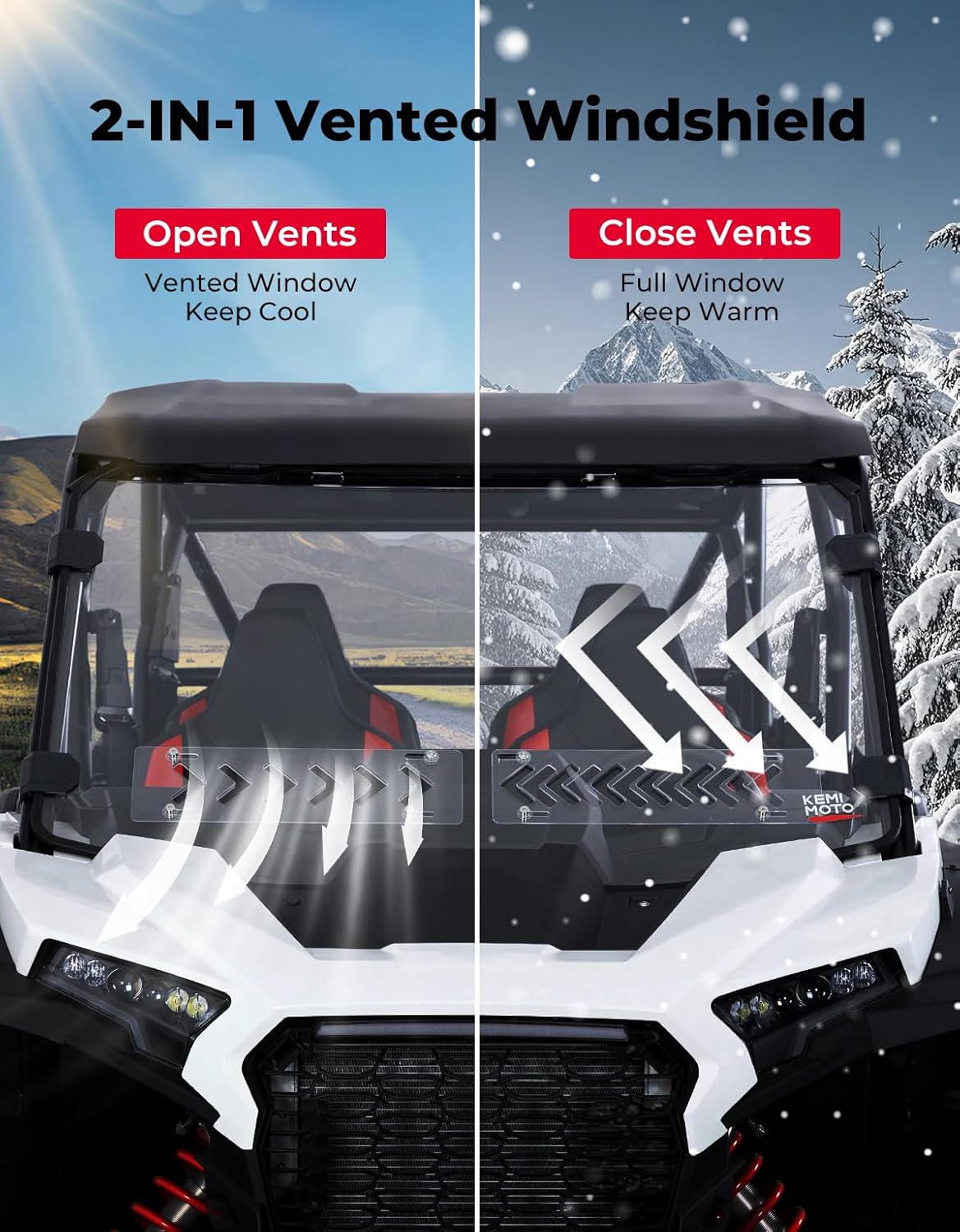 Kemimoto 2-IN-1 Vented Windshield Strip for Polaris RZR XP 1000