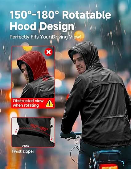 Kemimoto Lightweight Waterproof Jacket for Cycling, Rotatable Hat, Black