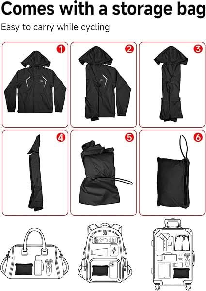Kemimoto Lightweight Waterproof Jacket for Cycling, Rotatable Hat, Black