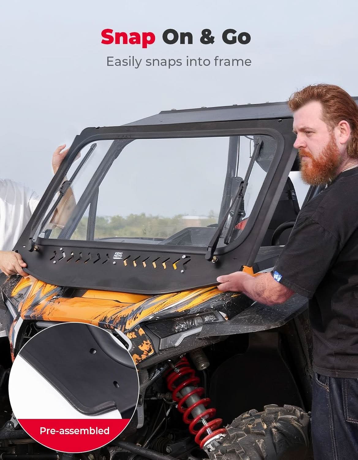 Kemimoto Front Windshield with Dual Manual Wipers for Polaris RZR
