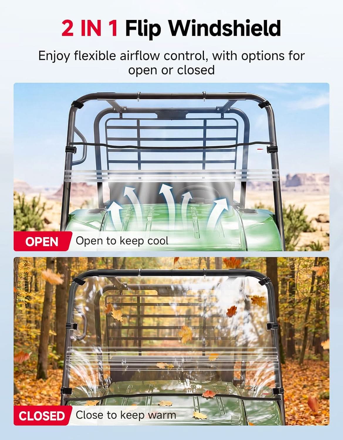 Kemimoto 2-IN-1 Flip-Up Windshield for Kawasaki Mule