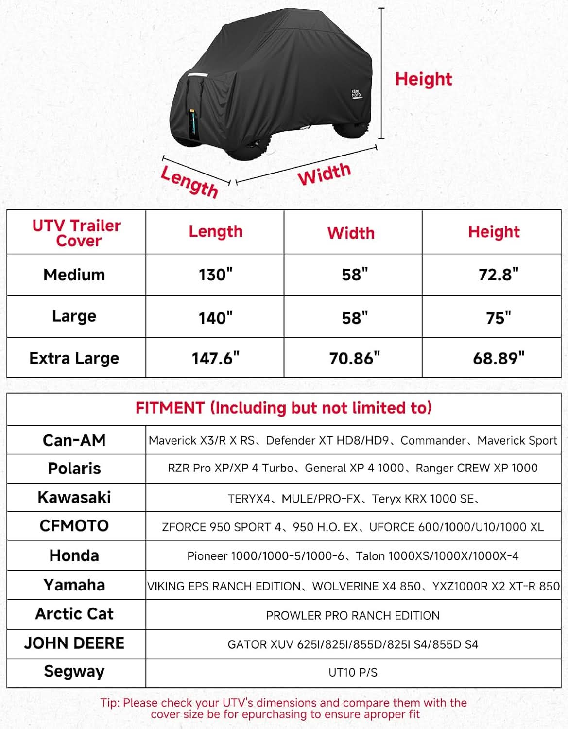 UTV 2-Seater Trailerable Cover for Polaris RZR XP 1000 Can-Am Maverick X3 Defender, 140" x 58" x 75"