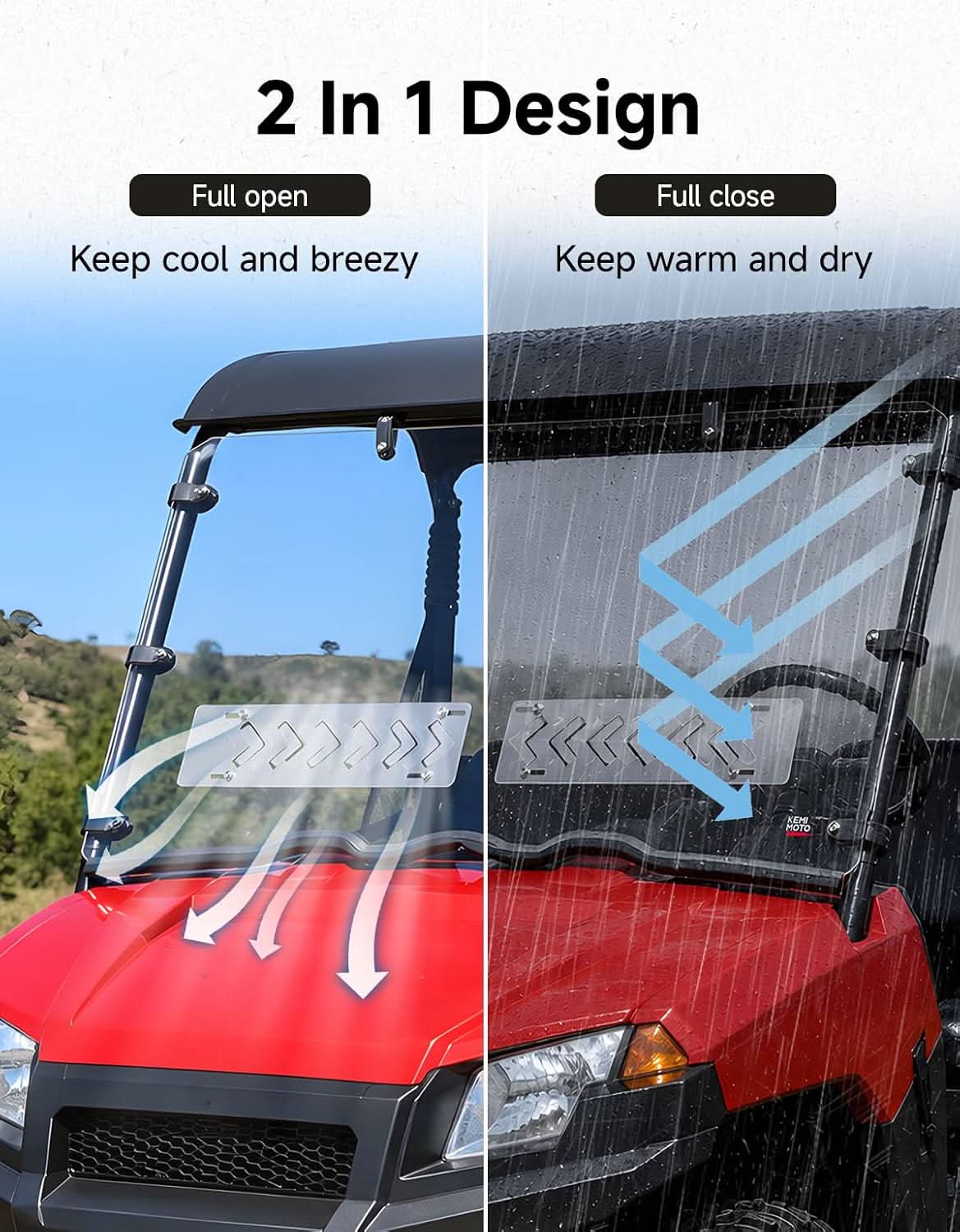 Kemimoto Vented Windshield Scratch-Resistant for Polaris Ranger 400 2010-2014