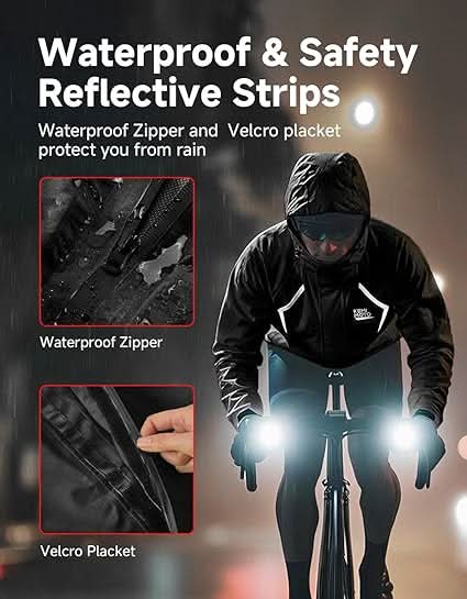 Kemimoto Lightweight Waterproof Jacket for Cycling, Rotatable Hat, Black