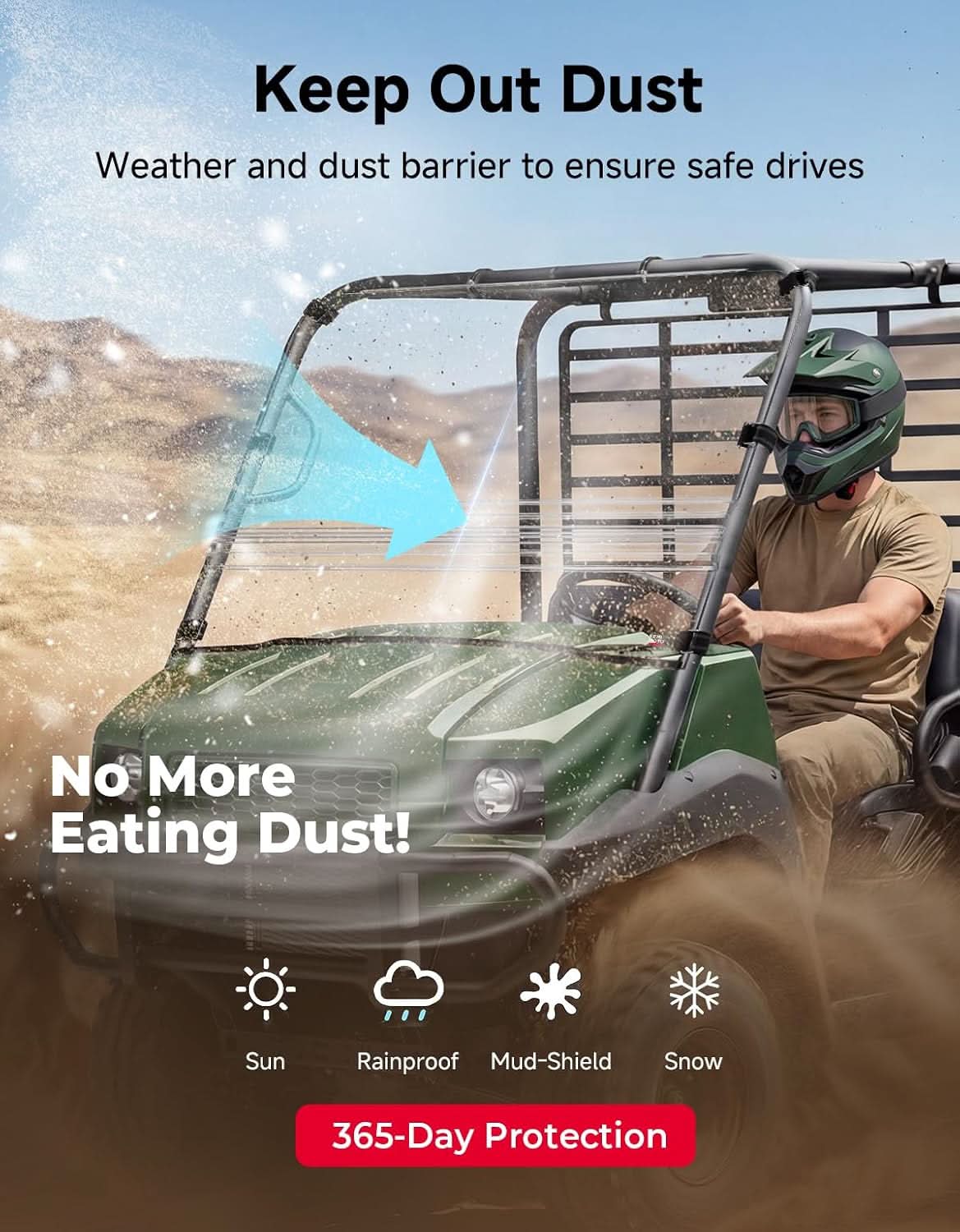 Kemimoto 2-IN-1 Flip-Up Windshield for Kawasaki Mule