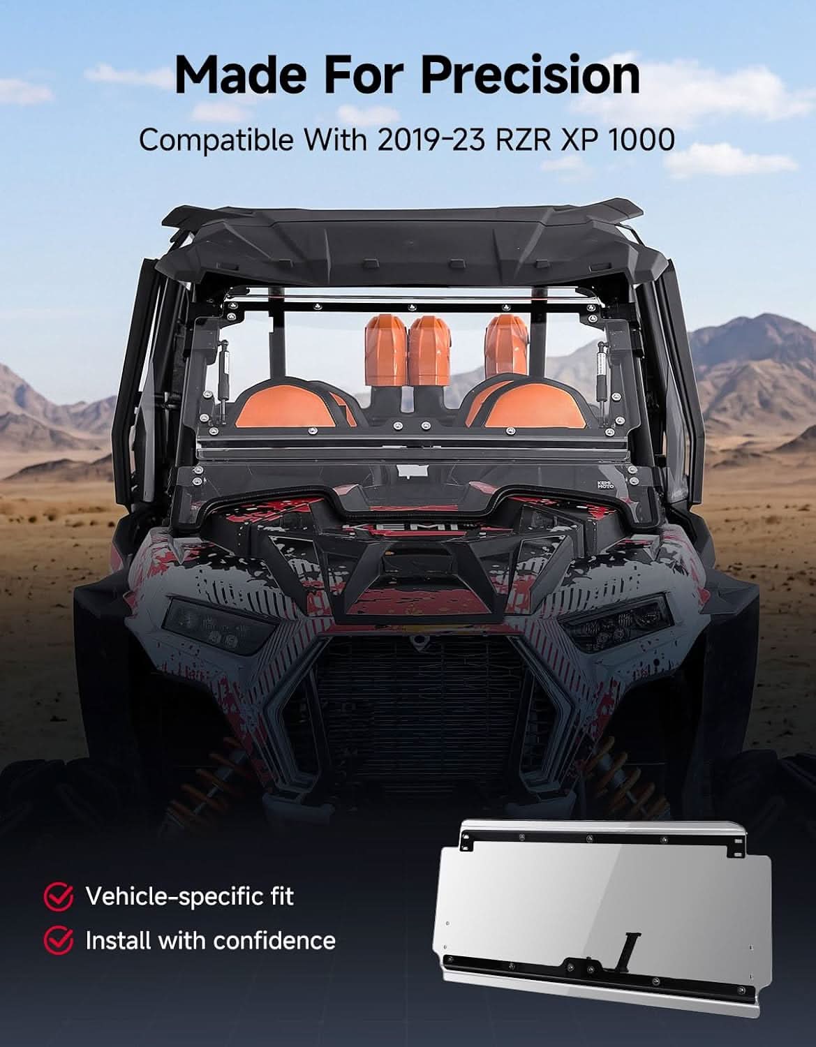 Kemimoto 3-In-1 Front Flip Windshield Scratch-Resistant Polycarbonate For Polaris