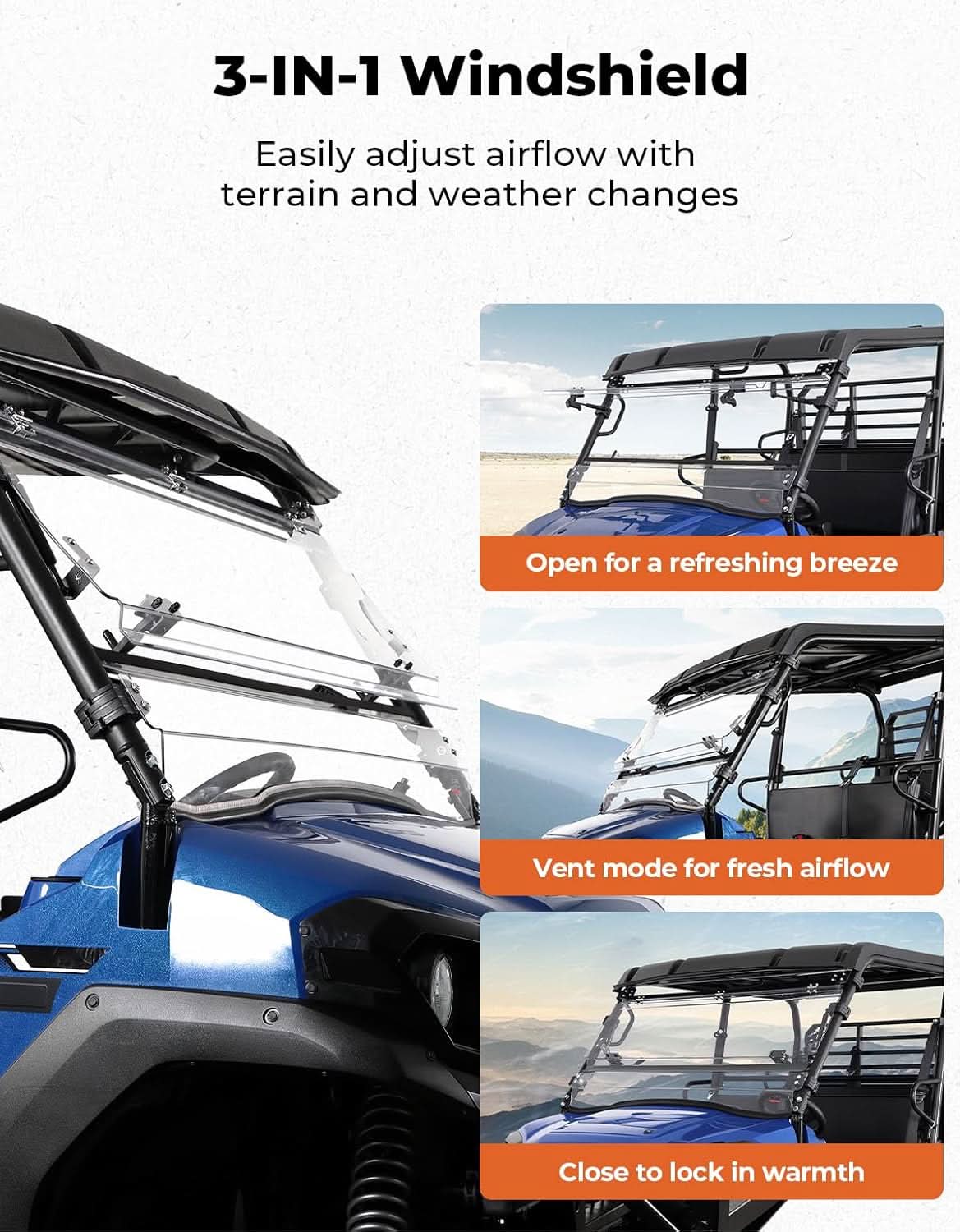 Kemimoto 3-in-1 Flip Windshield Polycarbonate for Kawasaki Mule Pro FXT