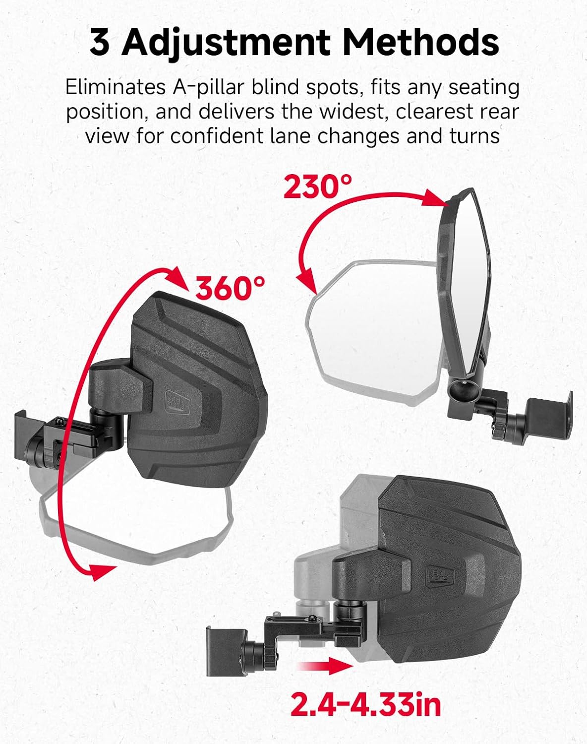 Kemimoto UTV Side View Mirrors Telescopic Bracket for Polaris Ranger