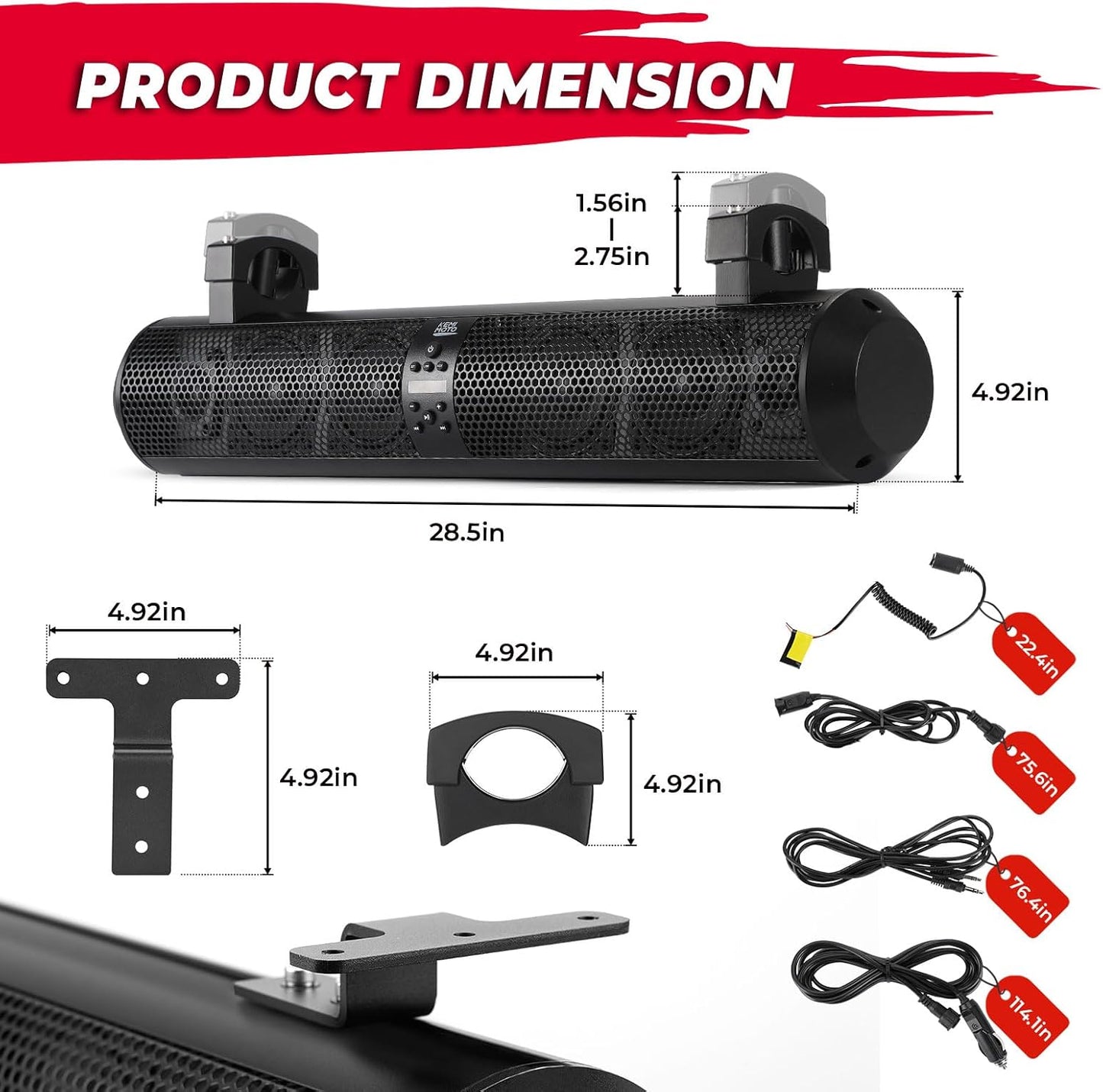 Kemimoto Waterproof Bluetooth UTV Sound Bar 500W 28"