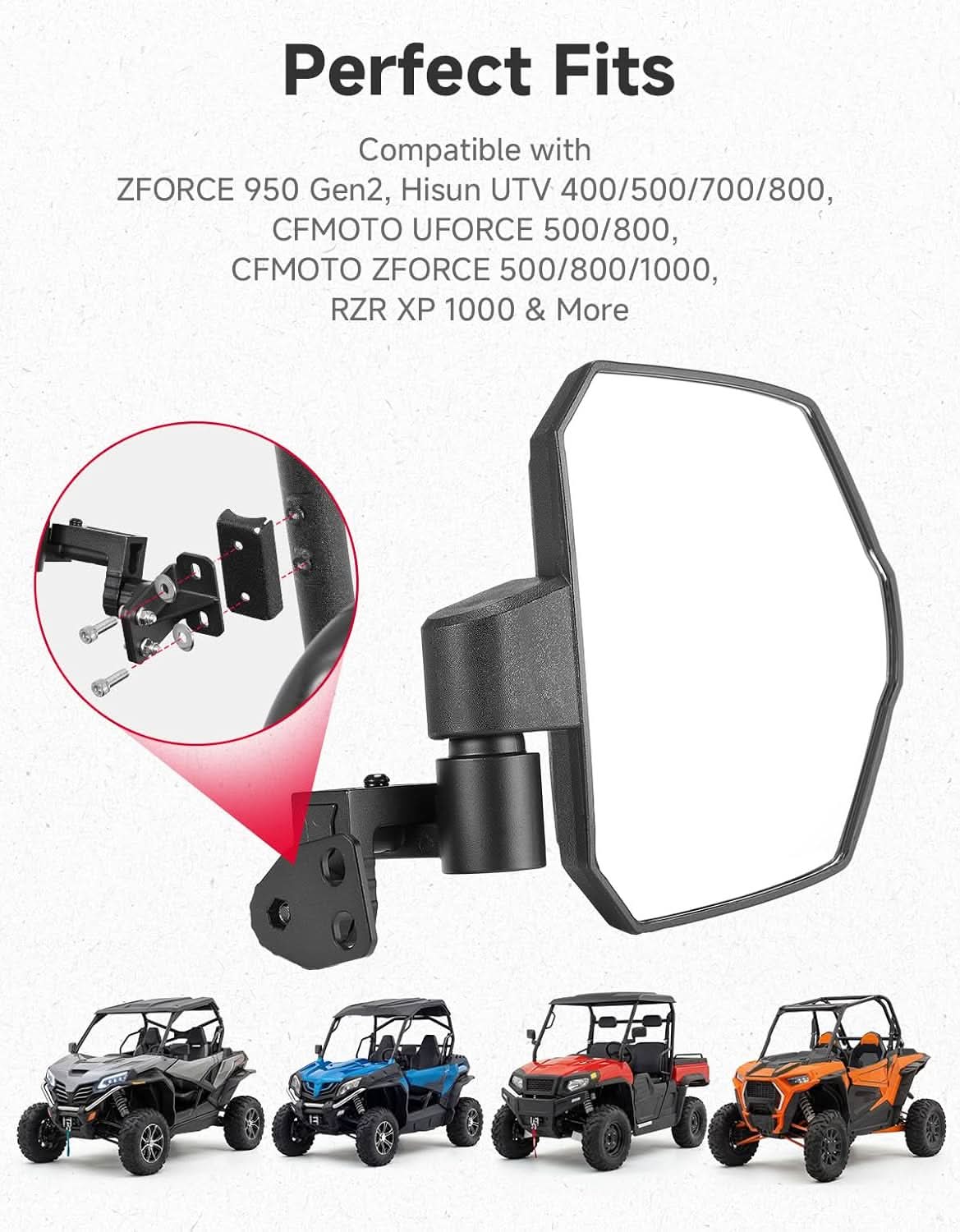 Kemimoto Larger View Side Mirrors for Polaris, CFMOTO, Hisun