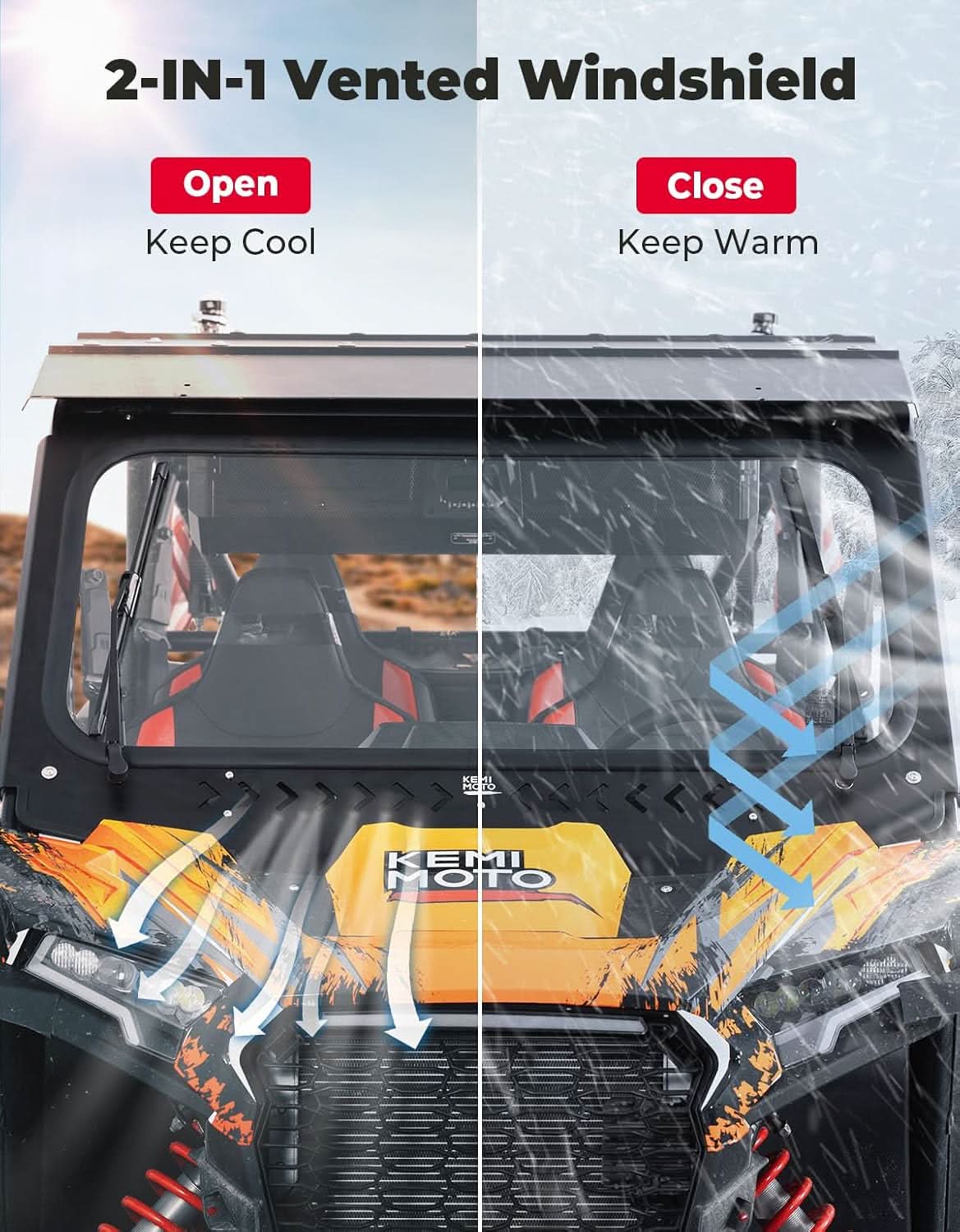 Kemimoto Front Windshield with Dual Manual Wipers for Polaris RZR