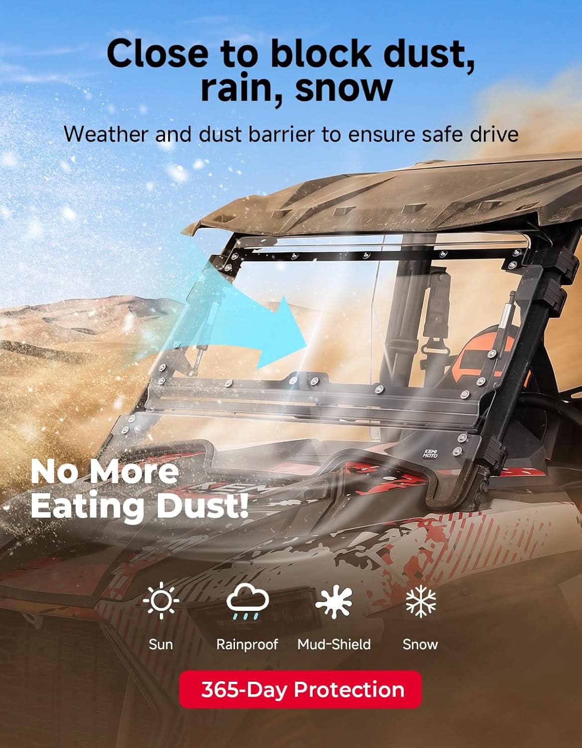 Kemimoto 3-In-1 Front Flip Windshield Scratch-Resistant Polycarbonate For Polaris