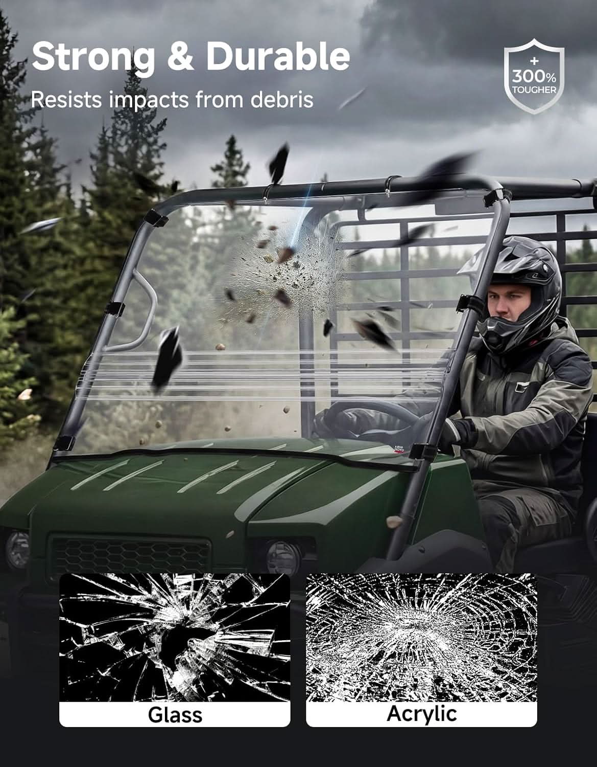 Kemimoto 2-IN-1 Flip-Up Windshield for Kawasaki Mule