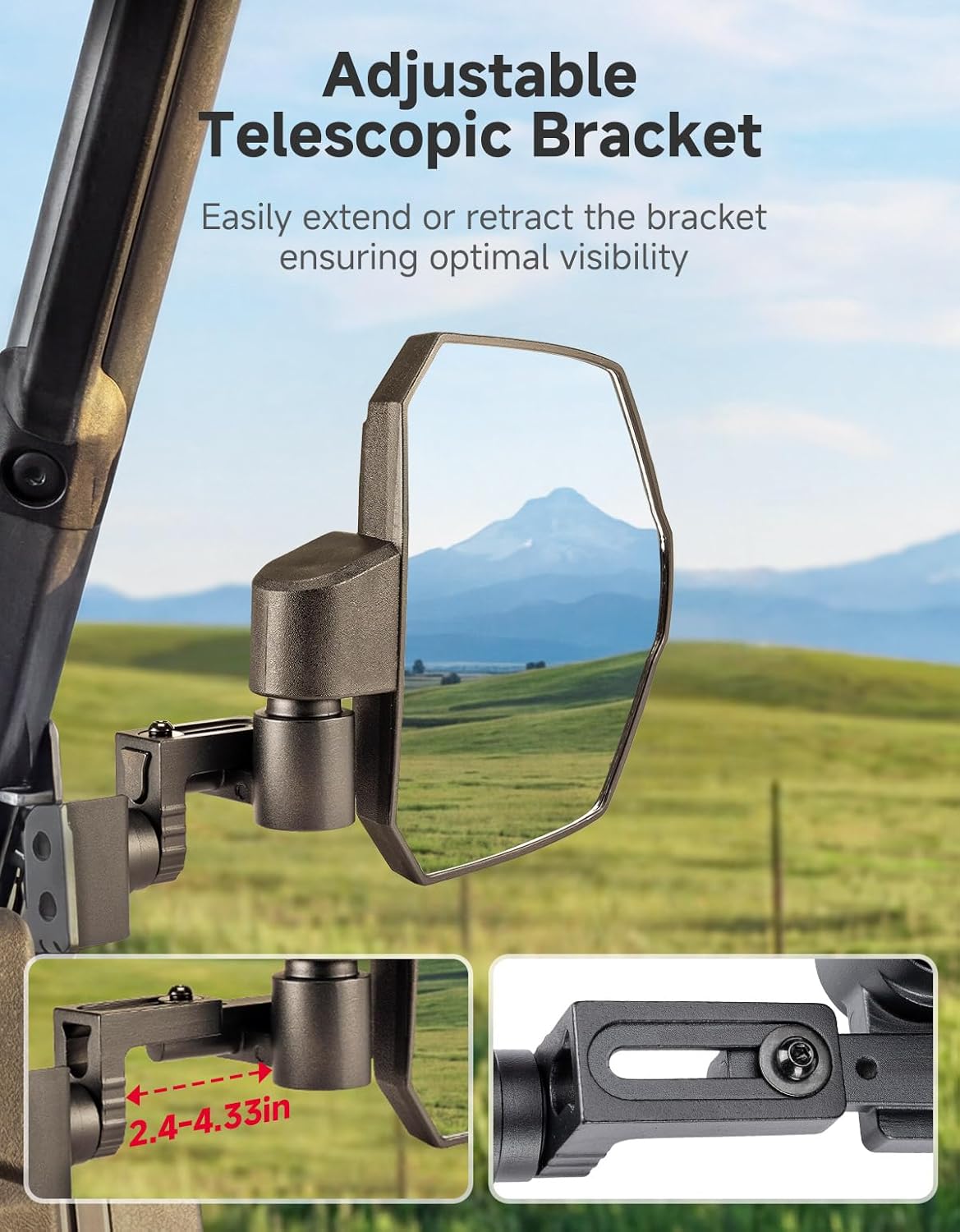 Kemimoto UTV Side View Mirrors Telescopic Bracket for Polaris Ranger