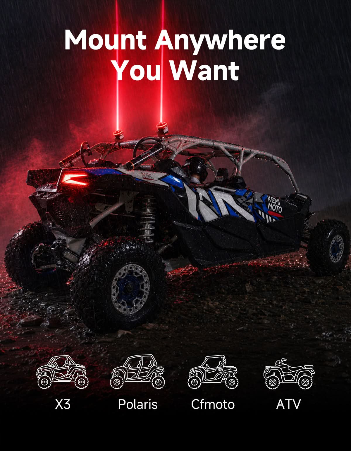 Kemimoto UTV/ATV Universal RGB Whipless LED Whip Lights with Turn Signal