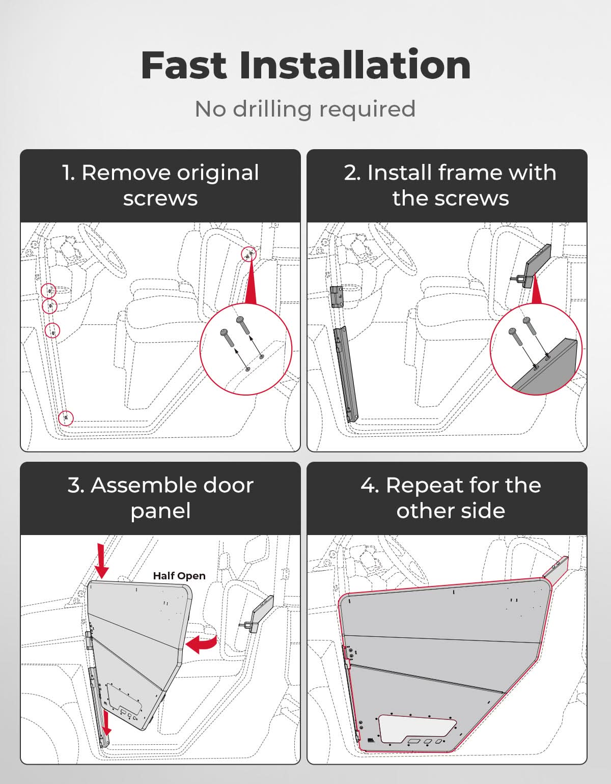 Kemimoto UTV Aluminum Half Door for Polaris Ranger XP 1000